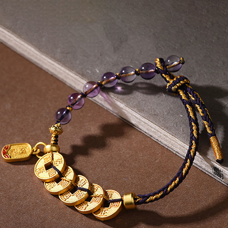 Bracelet porte-bonheur en cuivre, améthyste, cinabre, noir et rouge, orné de Buddha Stones et de pièces des Cinq Empereurs. - image 13
