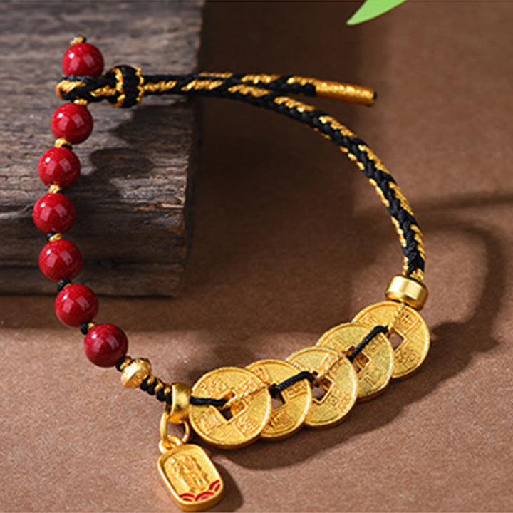 Bracelet porte-bonheur en cuivre, améthyste, cinabre, noir et rouge, orné de Buddha Stones et de pièces des Cinq Empereurs. - image 20