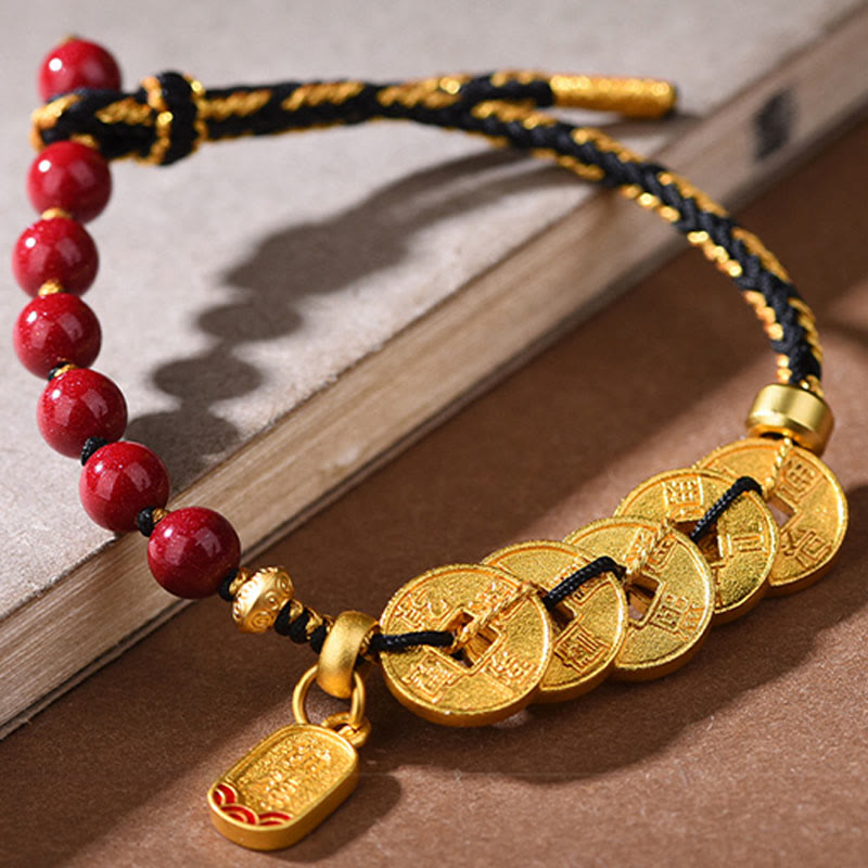 Bracelet porte-bonheur en cuivre, améthyste, cinabre, noir et rouge, orné de Buddha Stones et de pièces des Cinq Empereurs. - image 10