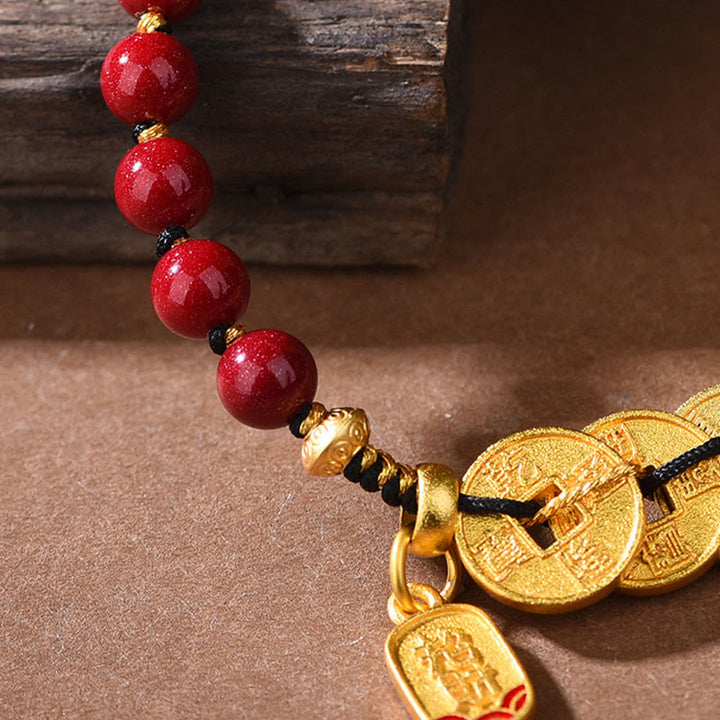 Bracelet porte-bonheur en cuivre, améthyste, cinabre, noir et rouge, orné de Buddha Stones et de pièces des Cinq Empereurs. - image 11