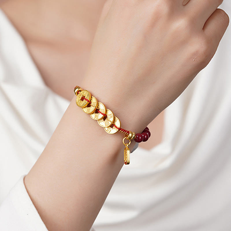 Bracelet porte-bonheur en cuivre, améthyste, cinabre, noir et rouge, orné de Buddha Stones et de pièces des Cinq Empereurs. - image 3