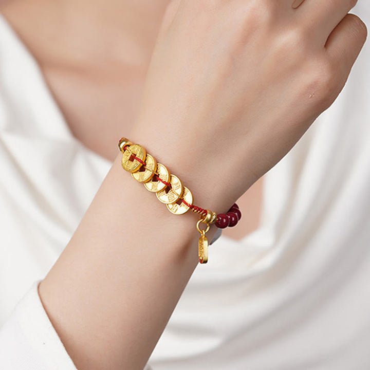 Bracelet porte-bonheur en cuivre, améthyste, cinabre, noir et rouge, orné de Buddha Stones et de pièces des Cinq Empereurs. - image 3