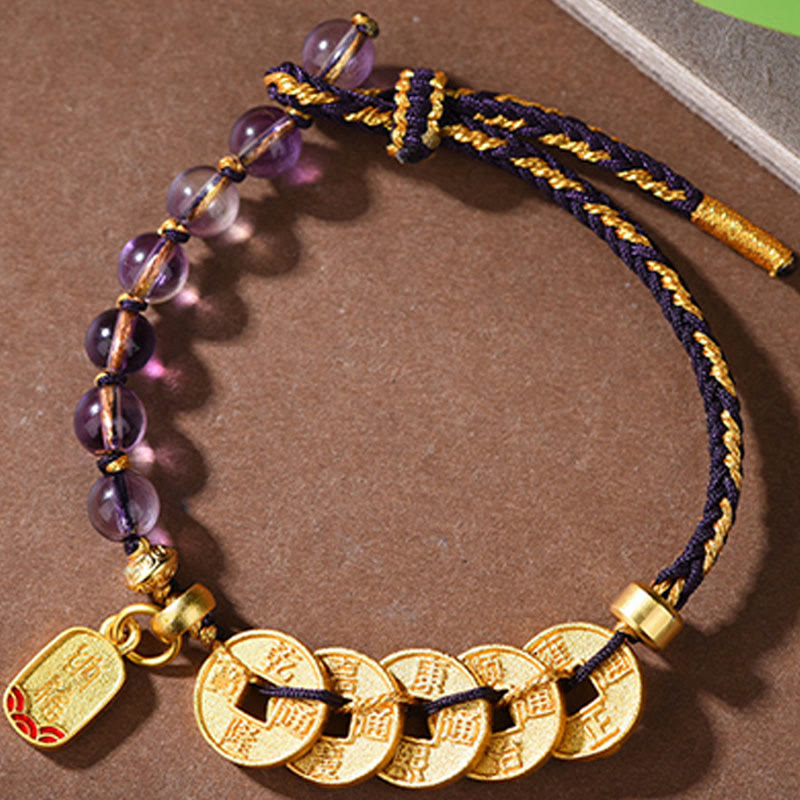 Bracelet porte-bonheur en cuivre, améthyste, cinabre, noir et rouge, orné de Buddha Stones et de pièces des Cinq Empereurs. - image 14