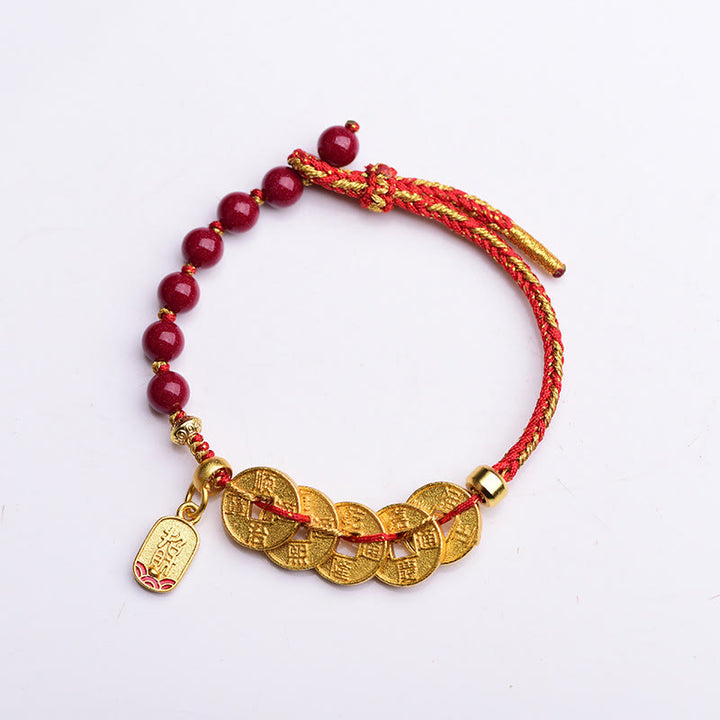 Bracelet porte-bonheur en cuivre, améthyste, cinabre, noir et rouge, orné de Buddha Stones et de pièces des Cinq Empereurs. - image 2