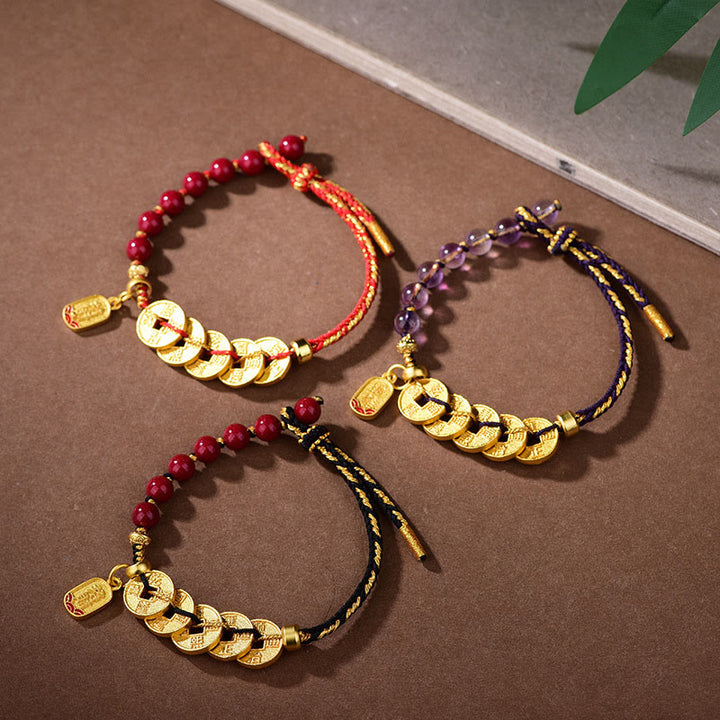 Bracelet porte-bonheur en cuivre, améthyste, cinabre, noir et rouge, orné de Buddha Stones et de pièces des Cinq Empereurs. - image 23