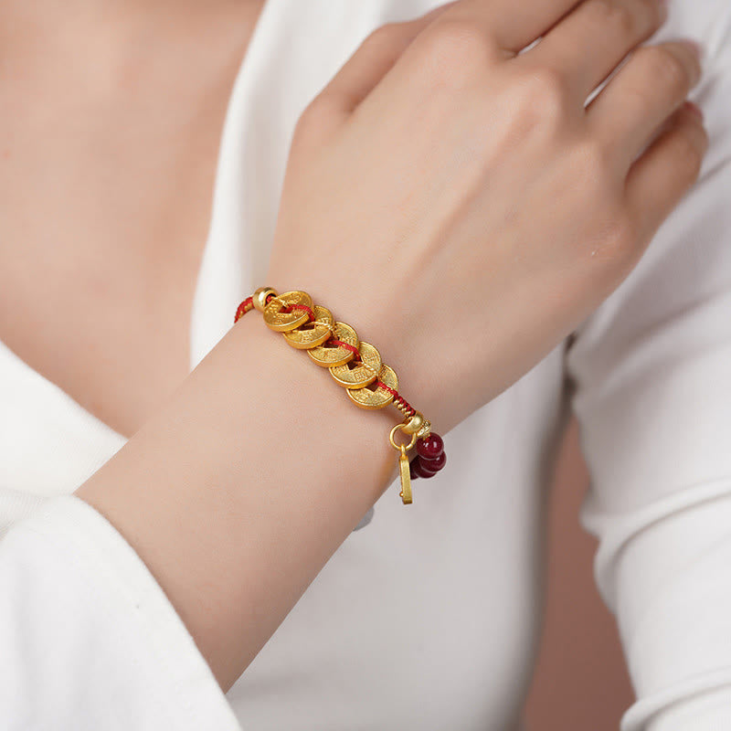 Bracelet porte-bonheur en cuivre, améthyste, cinabre, noir et rouge, orné de Buddha Stones et de pièces des Cinq Empereurs. - image 4