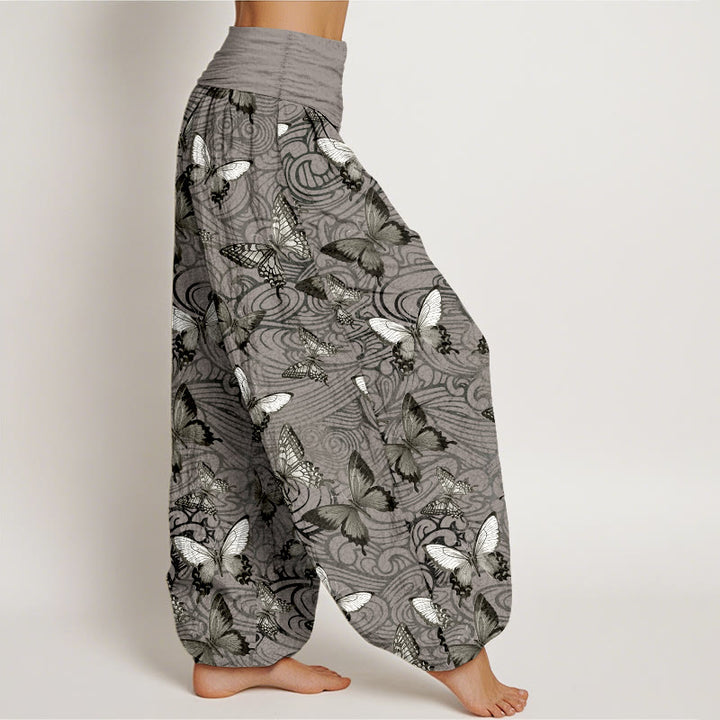 Pantalon harem femme en pur coton gris et noir à rayures papillon et taille élastique, orné de Buddha Stones - image 2