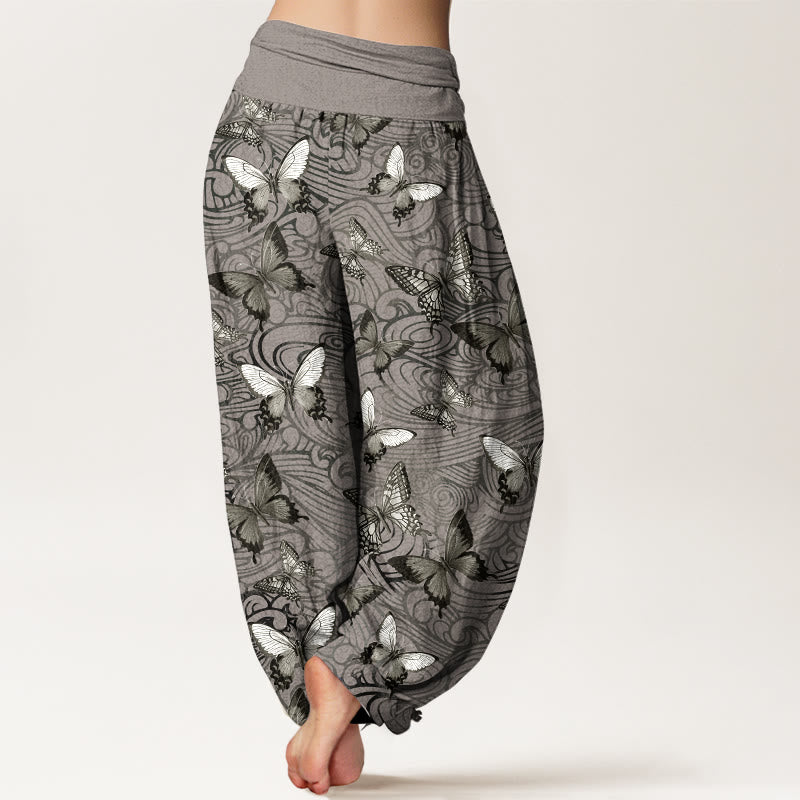 Pantalon harem femme en pur coton gris et noir à rayures papillon et taille élastique, orné de Buddha Stones - image 1