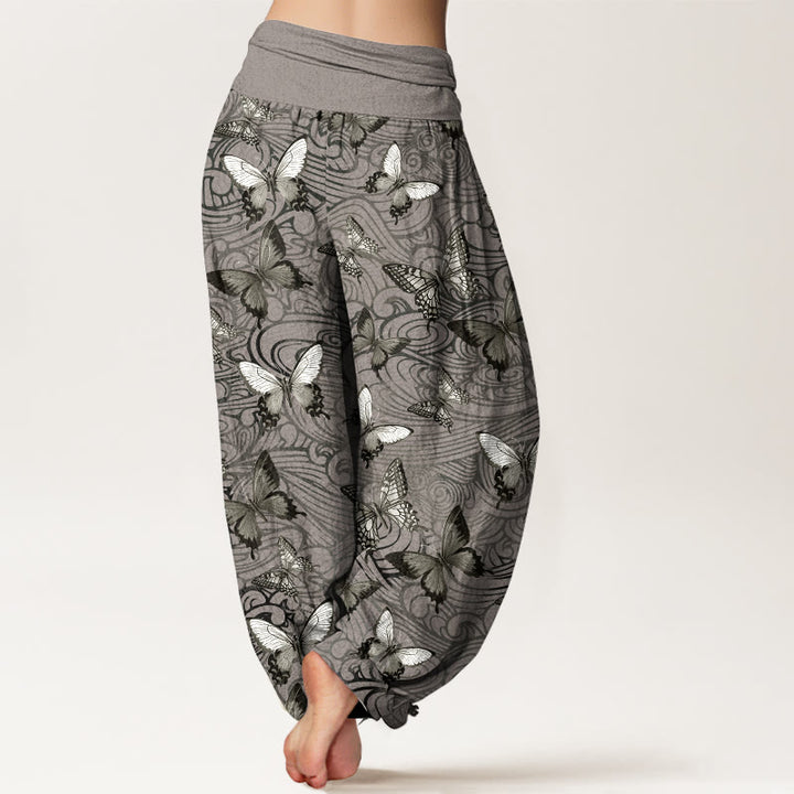 Pantalon harem femme en pur coton gris et noir à rayures papillon et taille élastique, orné de Buddha Stones - image 1