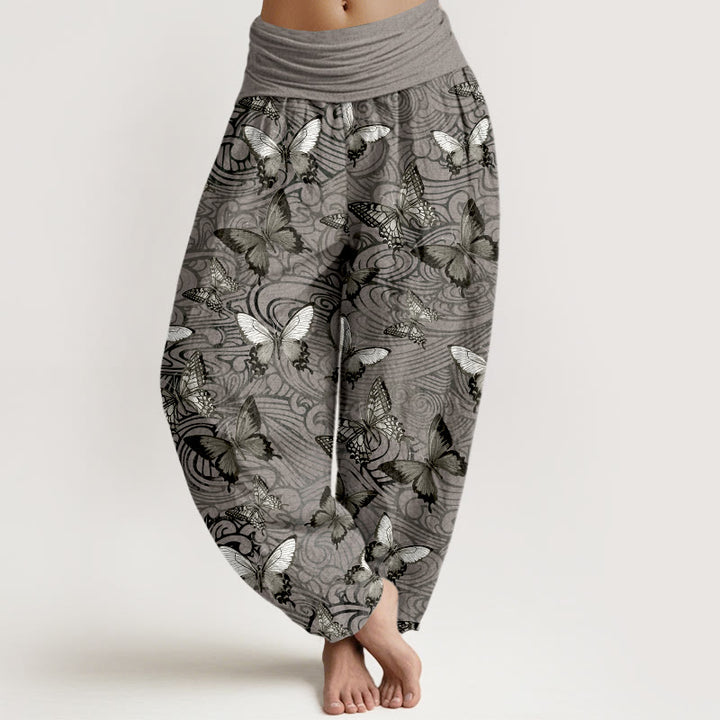 Pantalon harem femme en pur coton gris et noir à rayures papillon et taille élastique, orné de Buddha Stones - Gris foncé - US16，UK/AU20，EU48 (3XL) - image 0