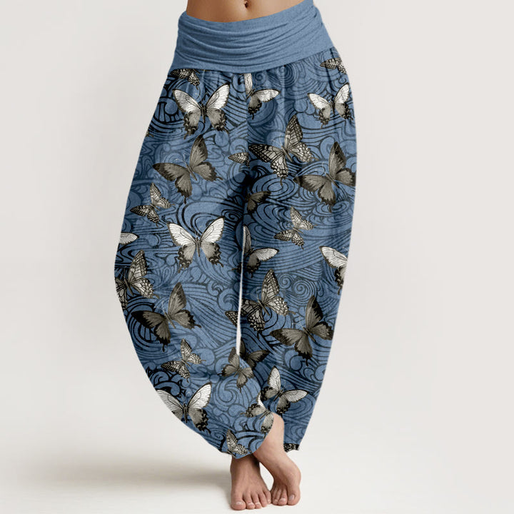Pantalon harem femme en pur coton gris et noir à rayures papillon et taille élastique, orné de Buddha Stones - Bleuet - US16，UK/AU20，EU48 (3XL) - image 5