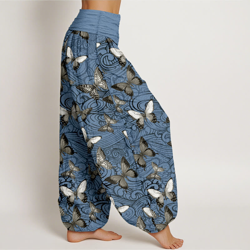 Pantalon harem femme en pur coton gris et noir à rayures papillon et taille élastique, orné de Buddha Stones - image 7