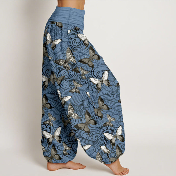 Pantalon harem femme en pur coton gris et noir à rayures papillon et taille élastique, orné de Buddha Stones - image 7
