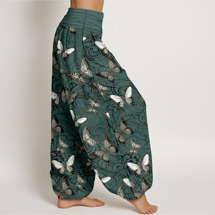 Pantalon harem femme en pur coton gris et noir à rayures papillon et taille élastique, orné de Buddha Stones - image 10