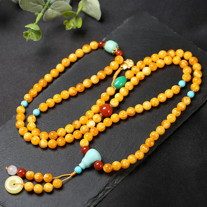 Buddha Stones Mala de 108 perles avec boucle de paix et chat porte-bonheur en ambre. - 10 mm - image 0