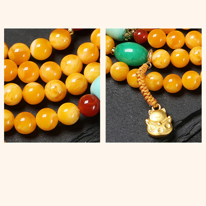 Buddha Stones Mala de 108 perles avec boucle de paix et chat porte-bonheur en ambre. - image 9