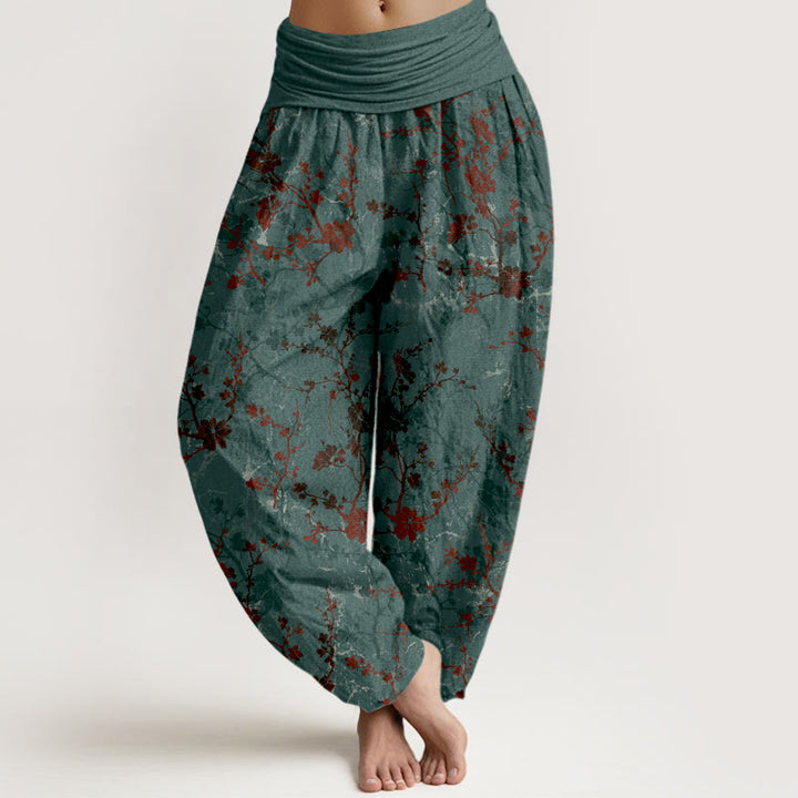 Pantalon harem à taille élastique pour femme, en pur coton, Buddha Stones, de fleurs épanouies, de branches et de feuilles - CadetBlue - US16，UK/AU20，EU48 (3XL) - image 0