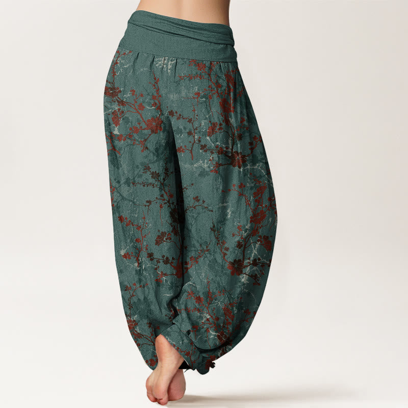 Pantalon harem à taille élastique pour femme, en pur coton, Buddha Stones, de fleurs épanouies, de branches et de feuilles - image 1