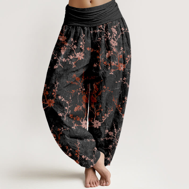 Pantalon harem à taille élastique pour femme, en pur coton, Buddha Stones, de fleurs épanouies, de branches et de feuilles - Noir - US16，UK/AU20，EU48 (3XL) - image 5