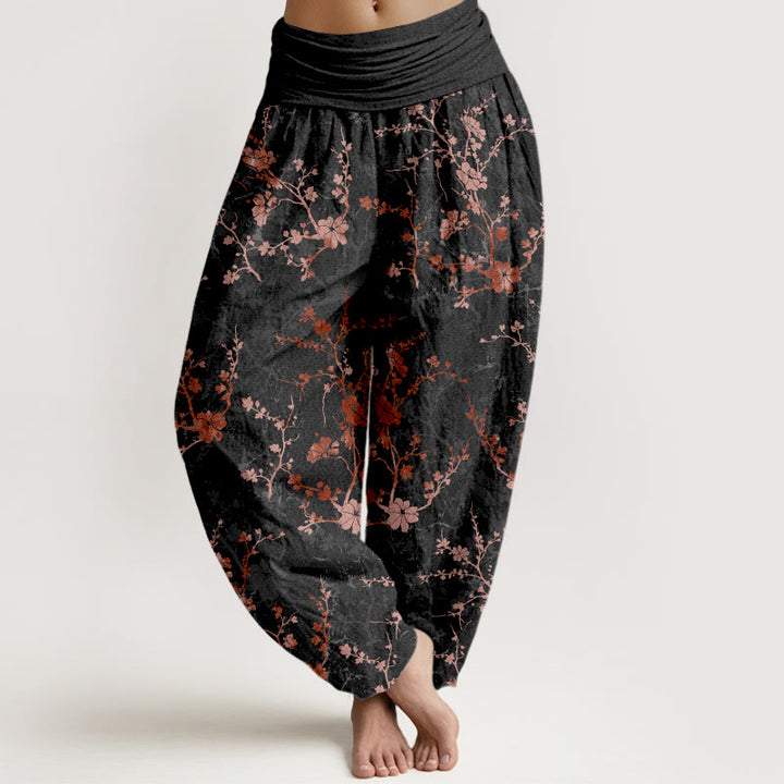 Pantalon harem à taille élastique pour femme, en pur coton, Buddha Stones, de fleurs épanouies, de branches et de feuilles - Noir - US16，UK/AU20，EU48 (3XL) - image 5