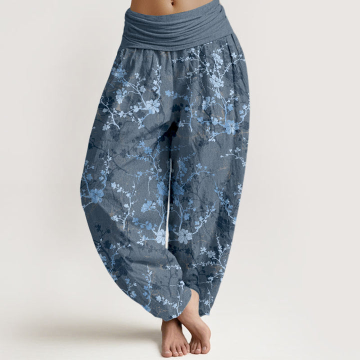 Pantalon harem à taille élastique pour femme, en pur coton, Buddha Stones, de fleurs épanouies, de branches et de feuilles - Bleu clair - US16，UK/AU20，EU48 (3XL) - image 8
