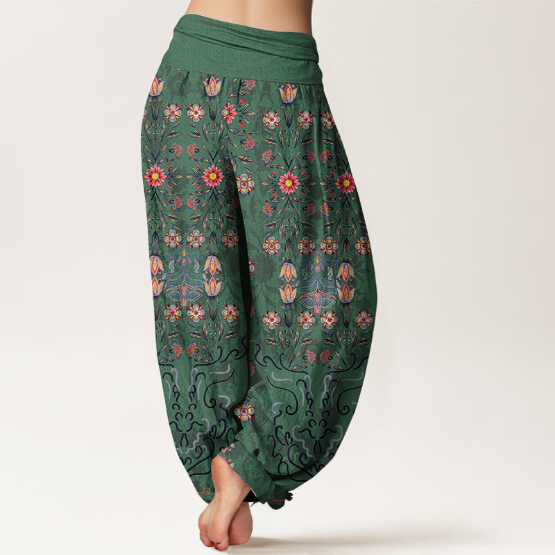 Pantalon harem taille élastique pour femme, en pur coton à motif floral multicolore Buddha Stones - image 1