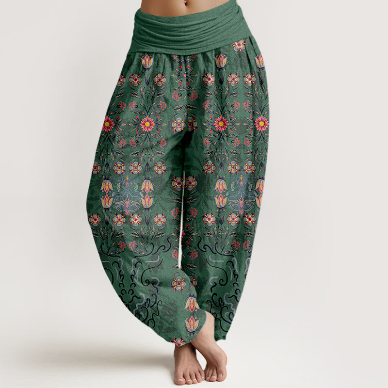 Pantalon harem taille élastique pour femme, en pur coton à motif floral multicolore Buddha Stones - Vert mer moyen - US16，UK/AU20，EU48 (3XL) - image 0