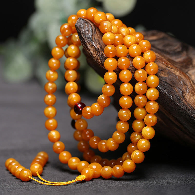 Mala de perles rondes en ambre tibétain et Buddha Stones - 10 mm - image 0