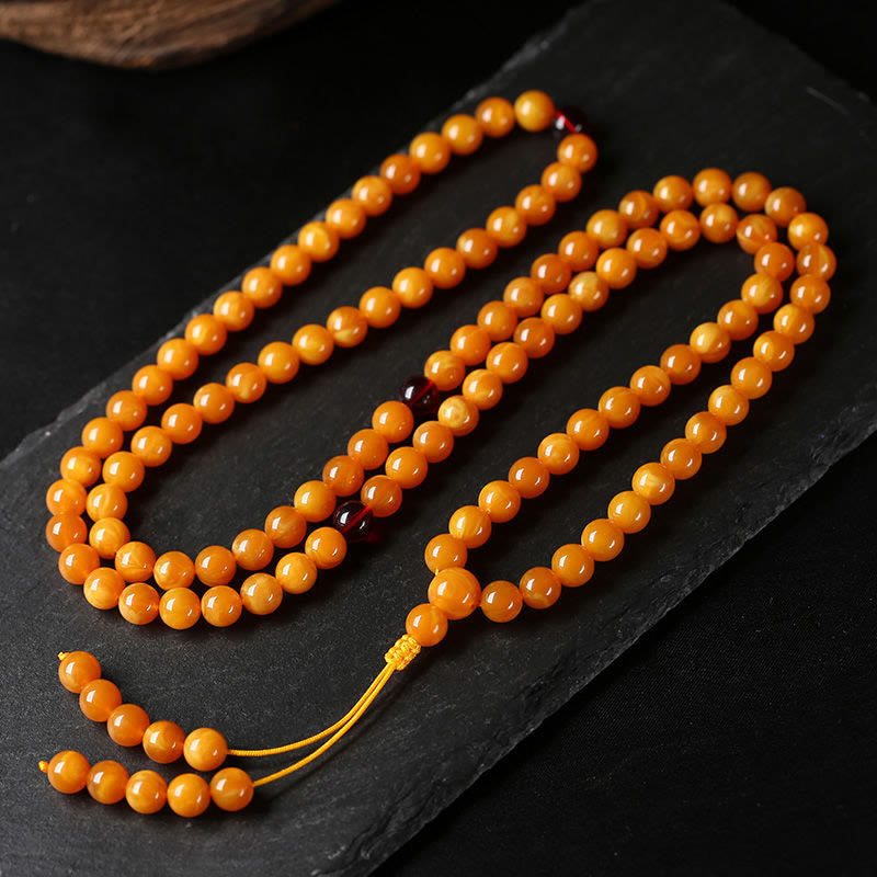 Mala de perles rondes en ambre tibétain et Buddha Stones - image 4