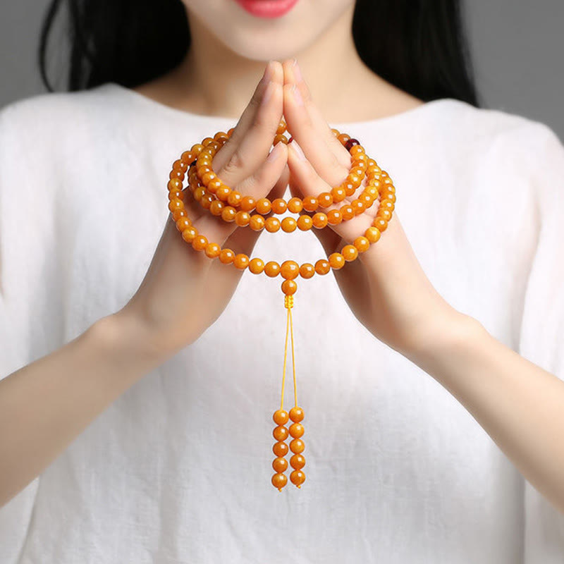Mala de perles rondes en ambre tibétain et Buddha Stones - image 9