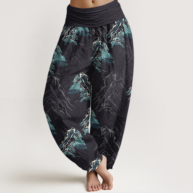 Pantalon harem pour femme en pur coton, motif montagnes vert émeraude vif, avec taille élastique, Buddha Stones - Noir - US16，UK/AU20，EU48 (3XL) - image 0