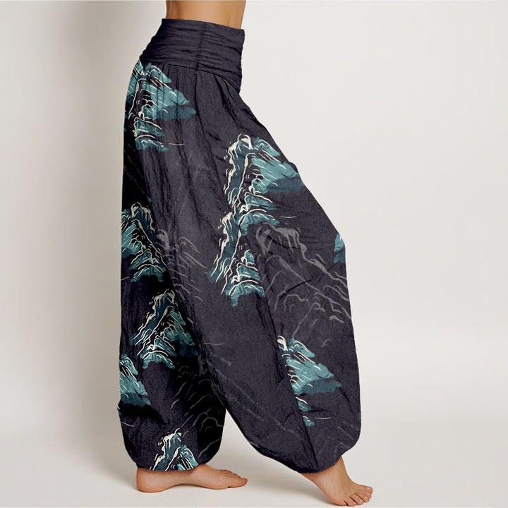 Pantalon harem pour femme en pur coton, motif montagnes vert émeraude vif, avec taille élastique, Buddha Stones - image 2