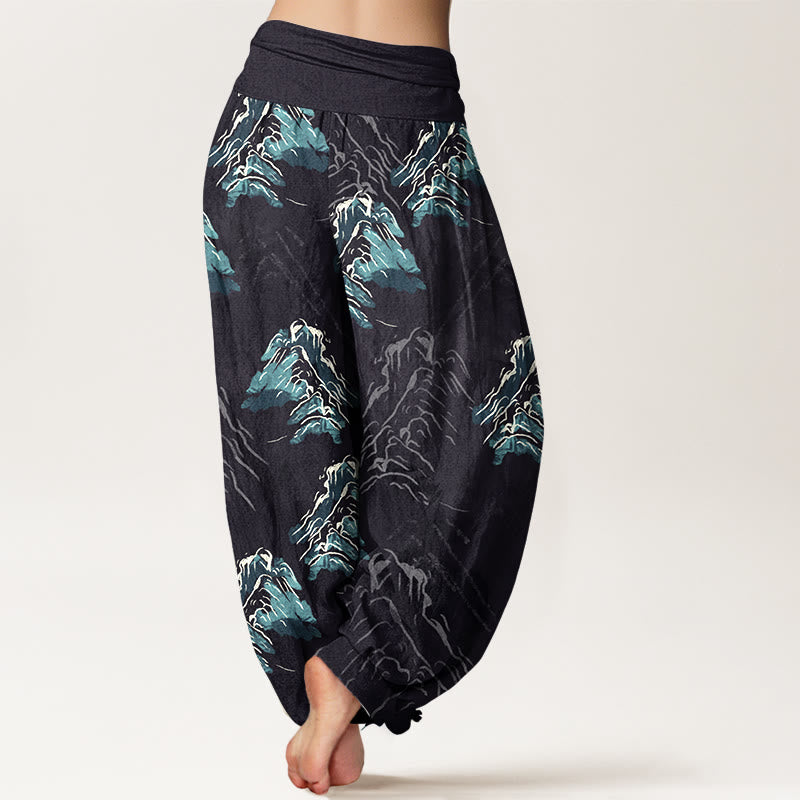 Pantalon harem pour femme en pur coton, motif montagnes vert émeraude vif, avec taille élastique, Buddha Stones - image 1