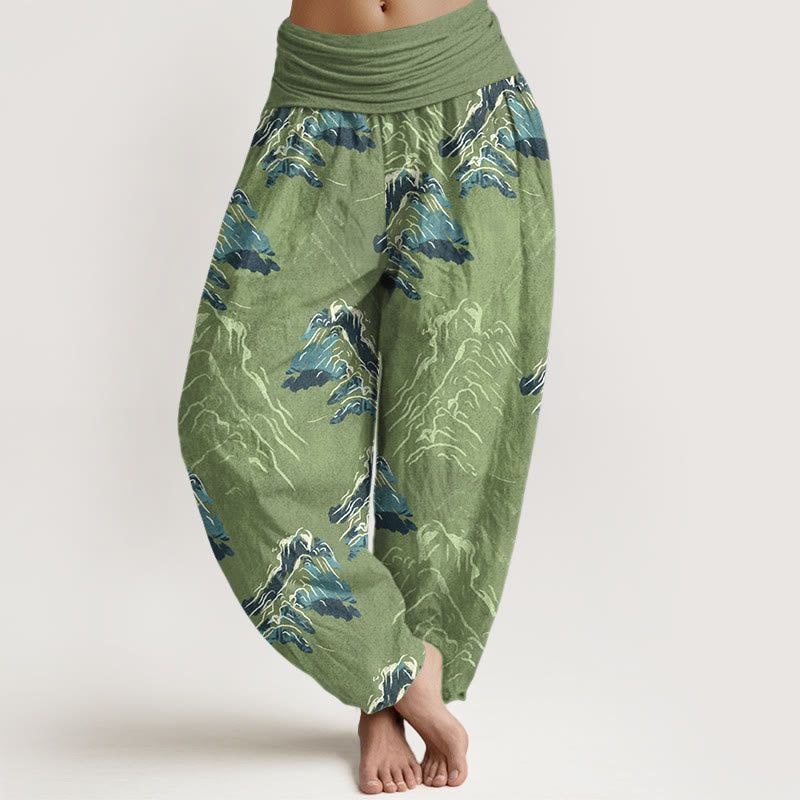 Pantalon harem pour femme en pur coton, motif montagnes vert émeraude vif, avec taille élastique, Buddha Stones - Vert clair - US16，UK/AU20，EU48 (3XL) - image 5