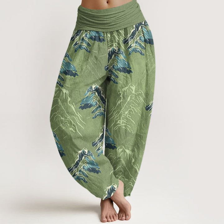 Pantalon harem pour femme en pur coton, motif montagnes vert émeraude vif, avec taille élastique, Buddha Stones - Vert clair - US16，UK/AU20，EU48 (3XL) - image 5