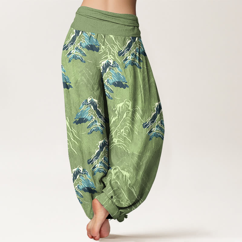 Pantalon harem pour femme en pur coton, motif montagnes vert émeraude vif, avec taille élastique, Buddha Stones - image 6