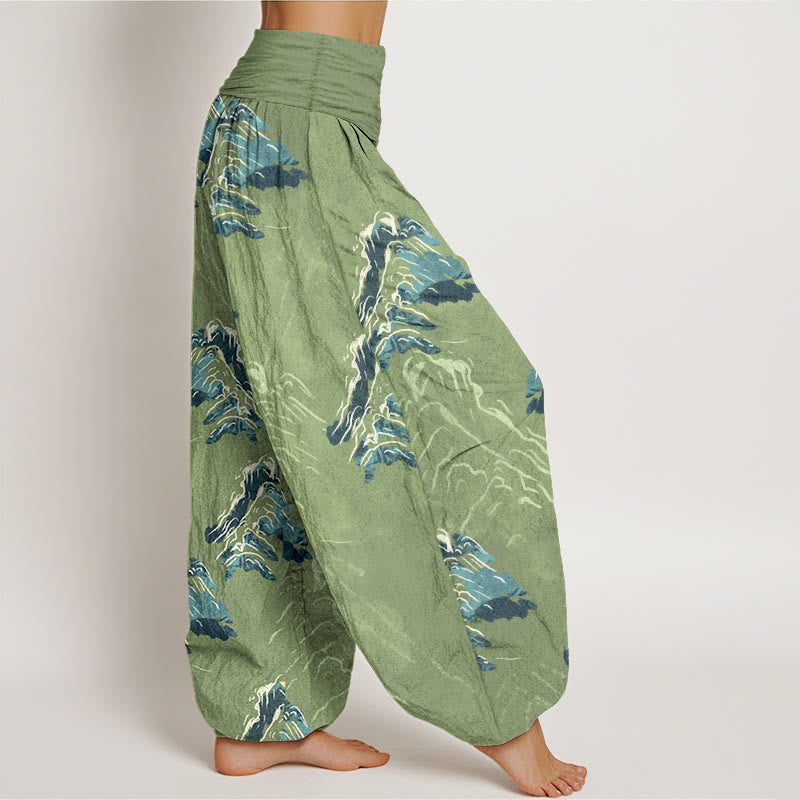 Pantalon harem pour femme en pur coton, motif montagnes vert émeraude vif, avec taille élastique, Buddha Stones - image 7