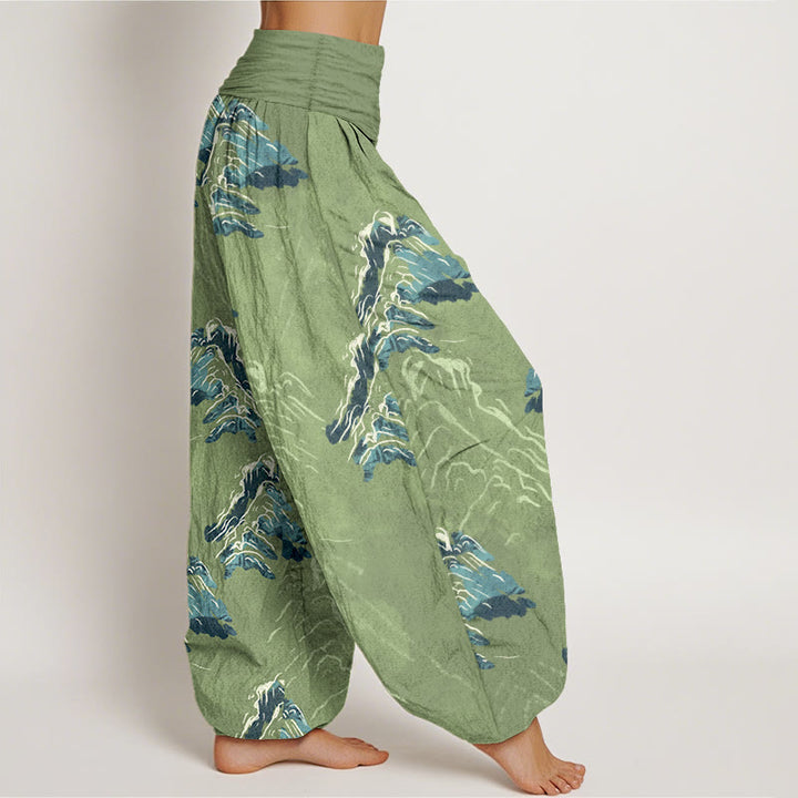Pantalon harem pour femme en pur coton, motif montagnes vert émeraude vif, avec taille élastique, Buddha Stones - image 7
