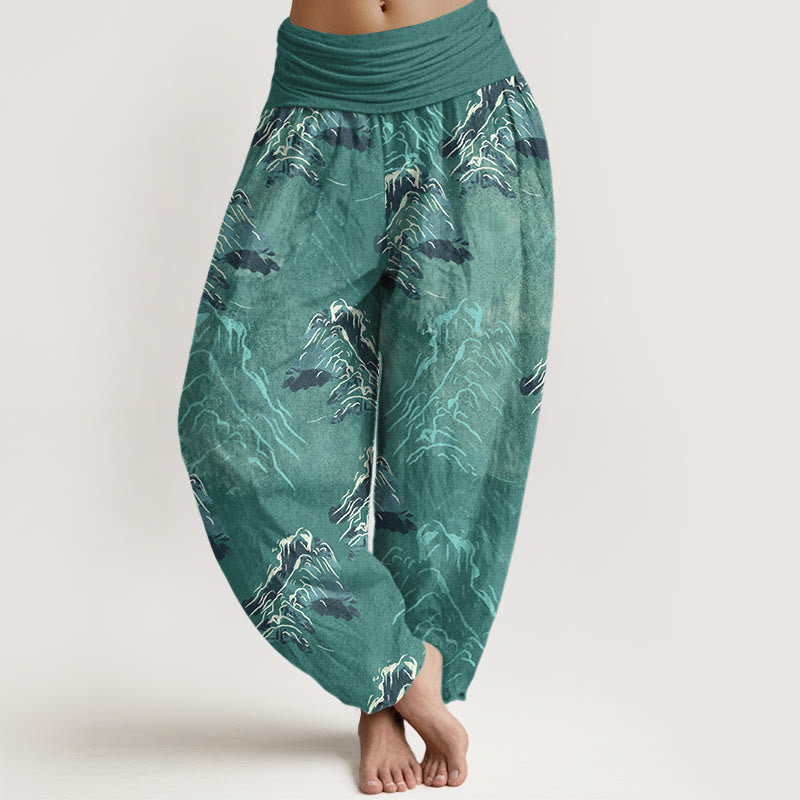 Pantalon harem pour femme en pur coton, motif montagnes vert émeraude vif, avec taille élastique, Buddha Stones - Turquoise - US16，UK/AU20，EU48 (3XL) - image 8
