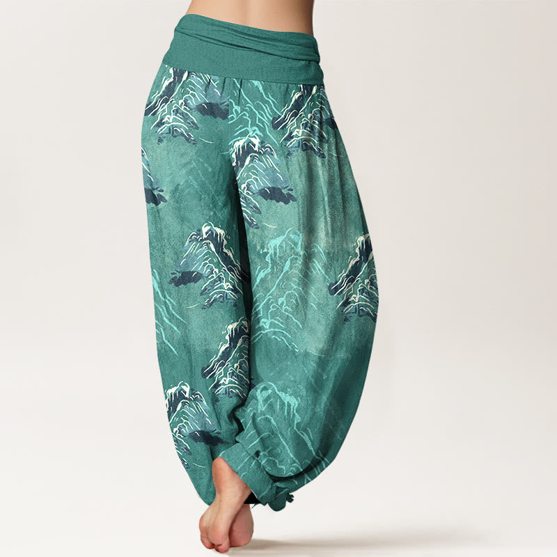Pantalon harem pour femme en pur coton, motif montagnes vert émeraude vif, avec taille élastique, Buddha Stones - image 9