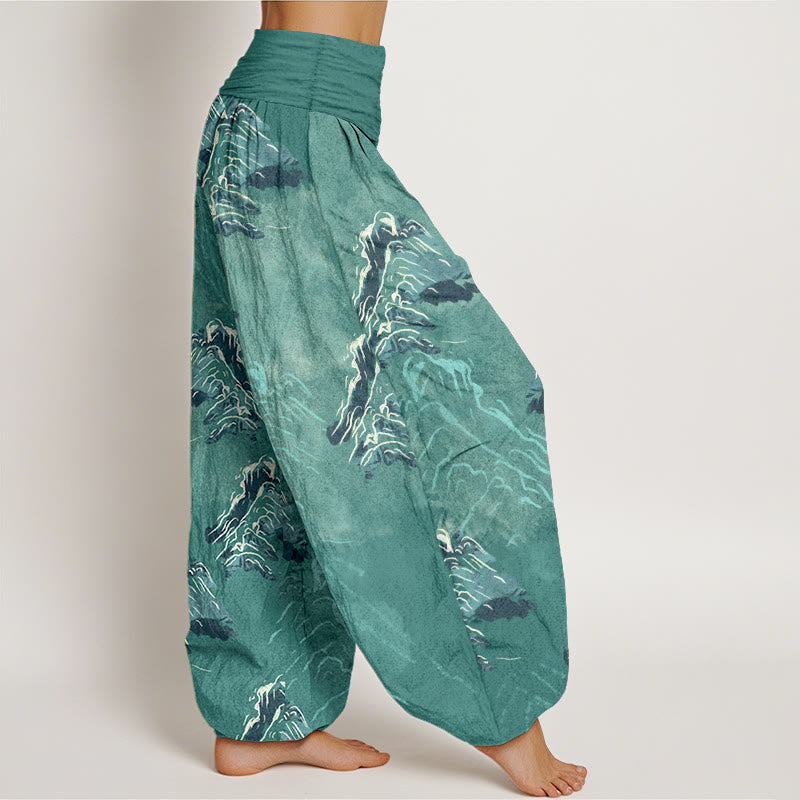 Pantalon harem pour femme en pur coton, motif montagnes vert émeraude vif, avec taille élastique, Buddha Stones - image 10