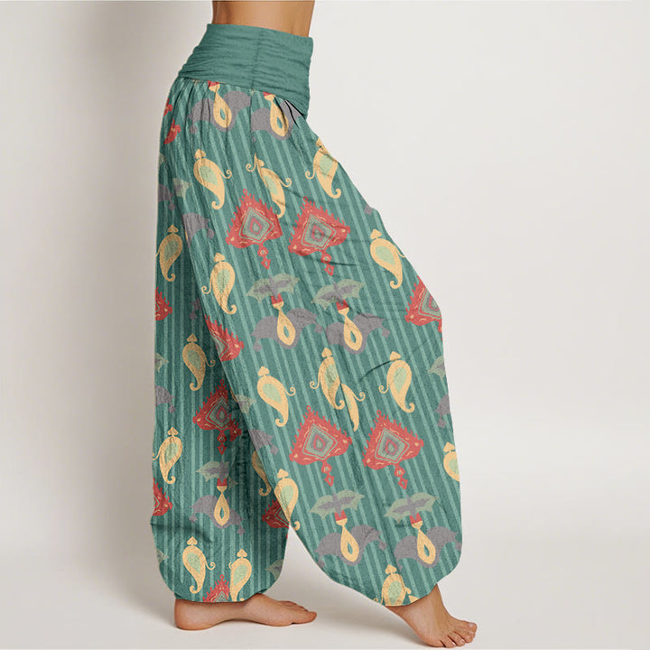 Pantalon harem pour femme, taille élastique, en pur coton, orné de Buddha Stones, de triangles, de flammes et de formes géométriques, avec plumes. - image 2