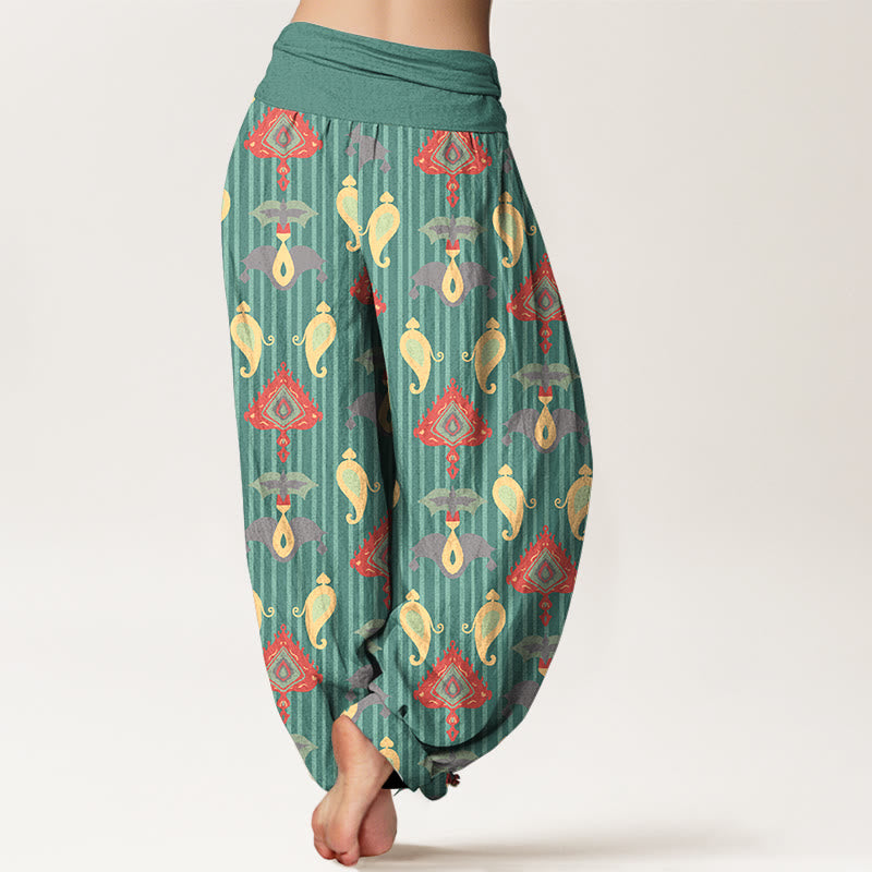 Pantalon harem pour femme, taille élastique, en pur coton, orné de Buddha Stones, de triangles, de flammes et de formes géométriques, avec plumes. - image 1