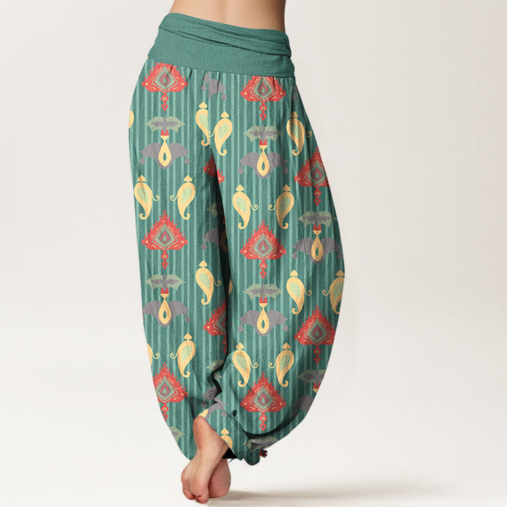 Pantalon harem pour femme, taille élastique, en pur coton, orné de Buddha Stones, de triangles, de flammes et de formes géométriques, avec plumes. - image 1