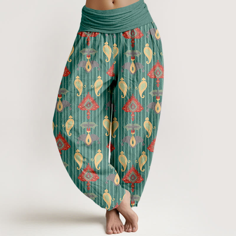 Pantalon harem pour femme, taille élastique, en pur coton, orné de Buddha Stones, de triangles, de flammes et de formes géométriques, avec plumes. - Aigue-marine moyenne - US16，UK/AU20，EU48 (3XL) - image 0