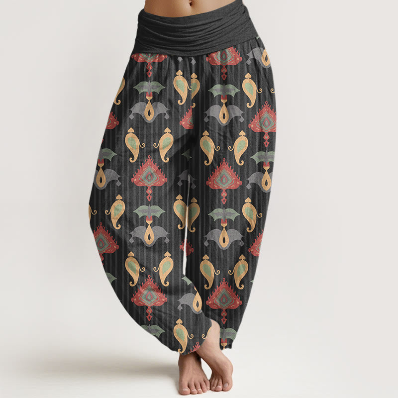 Pantalon harem pour femme, taille élastique, en pur coton, orné de Buddha Stones, de triangles, de flammes et de formes géométriques, avec plumes. - Noir - US16，UK/AU20，EU48 (3XL) - image 5