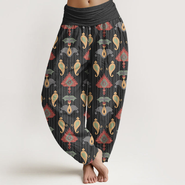 Pantalon harem pour femme, taille élastique, en pur coton, orné de Buddha Stones, de triangles, de flammes et de formes géométriques, avec plumes. - Noir - US16，UK/AU20，EU48 (3XL) - image 5