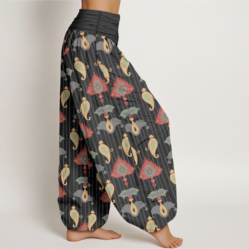 Pantalon harem pour femme, taille élastique, en pur coton, orné de Buddha Stones, de triangles, de flammes et de formes géométriques, avec plumes. - image 7