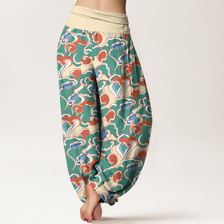 Pantalon harem à taille élastique froncée en pur coton avec motif petits nuages ​​et Buddha Stones - image 1
