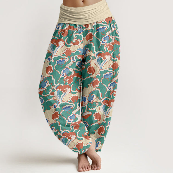 Pantalon harem à taille élastique froncée en pur coton avec motif petits nuages ​​et Buddha Stones - Beige - US16，UK/AU20，EU48 (3XL) - image 0